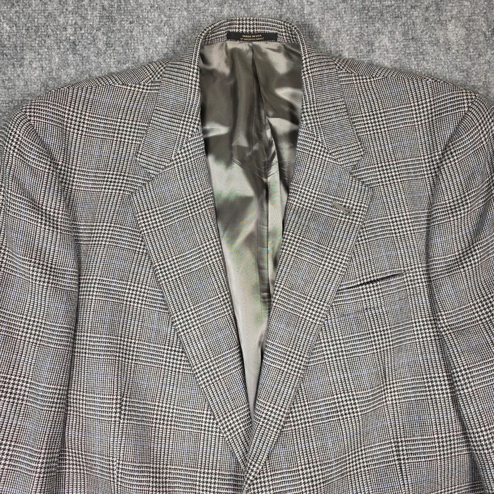 Vtg Hart Schaffner Marx Blazer Men 44R Wool Grey Glen Plaid Houndstooth Coat - Picture 5 of 16